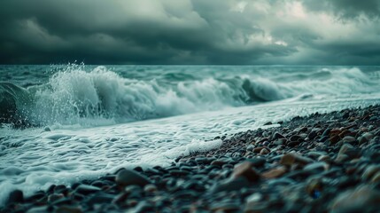 Stormy Sea Waves Crashing on Pebble Beach