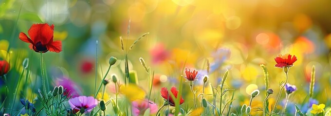 Sunny Meadow with Blooming Wildflowers and Bokeh