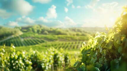 Sunny Vineyard Landscape with Green Grapevines in the Foreground