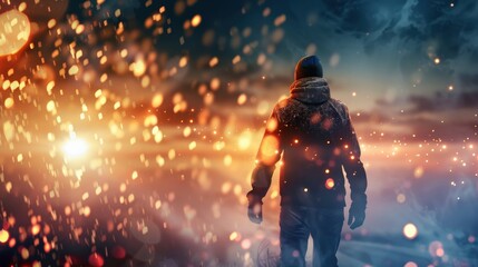 Obraz premium A man is standing in the snow with a bright orange sun in the background