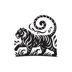 Hand Drawn Tiger Silhouette Isolated On White Background. Vector Illustration In Flat Style.