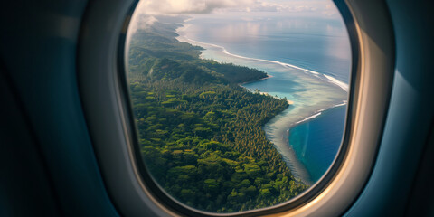 Fototapeta premium View of an exotic coast from an airplane window, close-up photo
