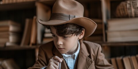 Kid dressed as detective, exploring urban settings with magnifying glasses and investigating clues, a playful and mysterious atmosphere with cinematic and simulated situation.