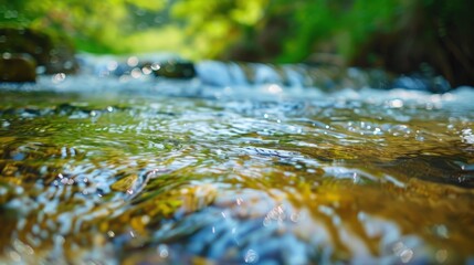 Close-up of Clear Water Flowing Over Rocks in a Forest Stream