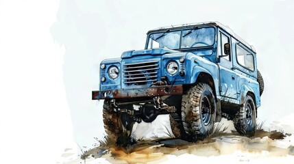 Obraz premium Classic blue off-road vehicle illustration. Watercolor illustration of a blue 4x4 vehicle driving off-road, perfect for automotive and adventure-themed designs.