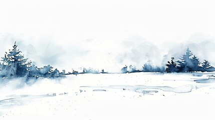 Serene winter landscape watercolor painting. Blue watercolor painting of a snowy landscape with evergreen trees, perfect for winter and holiday designs.