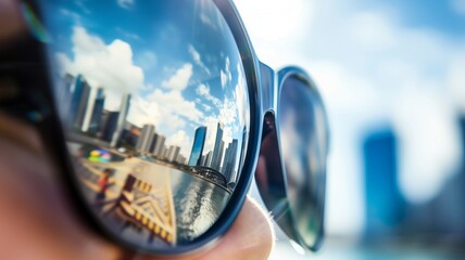 サングラスに映る夕暮れの都市景観