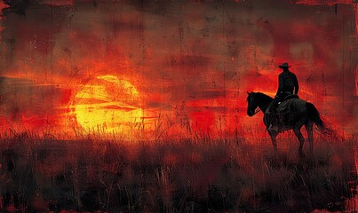 Fototapeta premium cowboy riding horse at sunset vintage style digital art painting.illustration