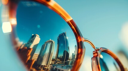 サングラスに映る夕暮れの都市景観