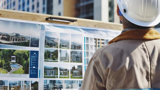 worker inspect the site plan in the construction site using wear pack and safety helmet