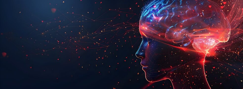 Abstract digital human head with neural connections and an AI icon vector background banner for technology and the artificial intelligence concept design. Vector illustration of a blue brain or mind i
