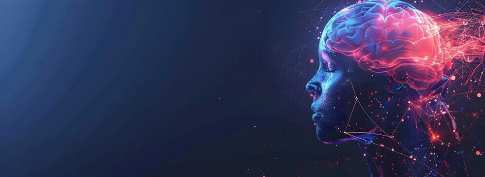 Abstract digital human head with neural connections and an AI icon vector background banner for technology and the artificial intelligence concept design. Vector illustration of a blue brain or mind i