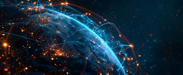 Obraz premium Abstract digital network with blue and orange glow on a dark background, representing a global business concept. A digital planet Earth viewed from space with glowing connections and nodes depicted in