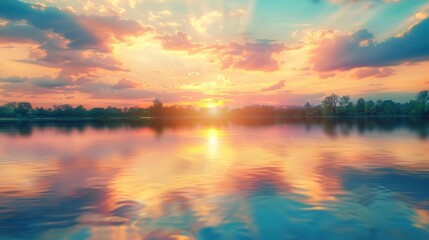 Serene Sunset Reflection on Calm Lake Water