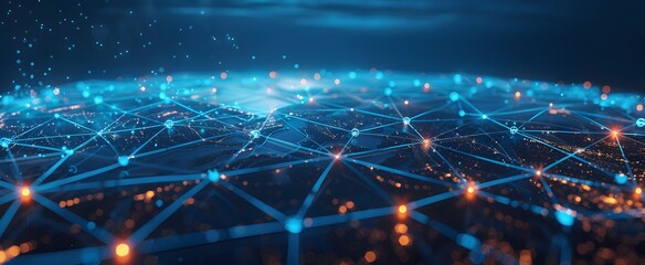 Abstract digital network with glowing connections on a dark blue background, representing a concept of global connection. Big data technology and the internet of things for business intelligence or a 