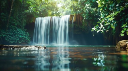 Serene Waterfall in Lush Green Forest with Sunlight