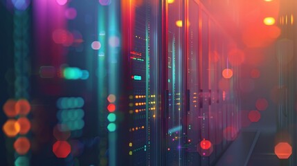 Server Room with Colorful Lights and Bokeh