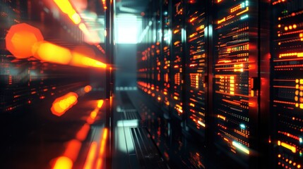 Server Room Interior with Glowing Lights and Data Network