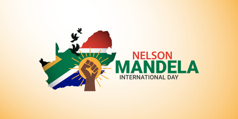 vector illustration with hands showing strength, unity, and power for international Happy Nelson Mandela Day concept, CIRCA MONTH YEAR: Illustration for International Nelson Mandela Day.