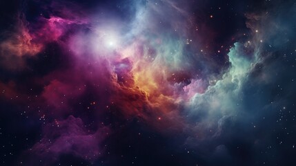 Fototapeta premium Cosmic Starry Sky Canvas Teal, Purple, and Red Nebula in Deep Space