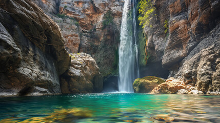 Naklejka premium Majestic Waterfall Rugged Cliffs Crystal Pool
