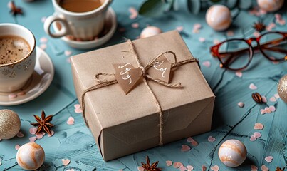 happy , vertical banner design flat lay vintage gift box with label happy father s day glasses coffee cup on pastel blue background.image graphic