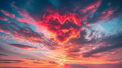 Red heart shaped sky at sunset. Beautiful love background