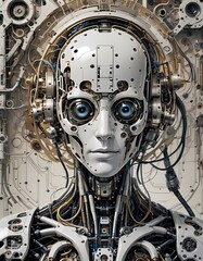 Photorealistic of sci-fi Artificial intelligence concept for futuristic AI Android robot design with part of metal skin and wire, Generative AI
