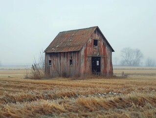 A weathered, red barn stands alone in a field, with a foggy background. The barn's wood is worn and peeling, and the roof is rusted.
