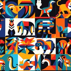 Obraz premium Abstract Geometric Animals: Artistic Interpretations of Animals Using Geometric Shapes, seamless