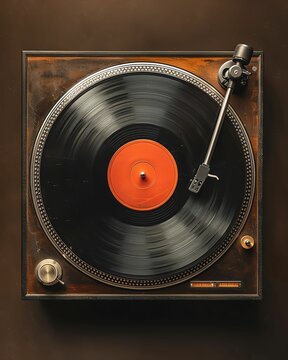 Vintage turntable with a vinyl record spinning on a rustic background.