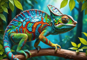 Obraz premium a chameleon with a kaleidoscope of colors ranging from green to blue, its detailed scales reflecting the hues of a lush forest backdrop