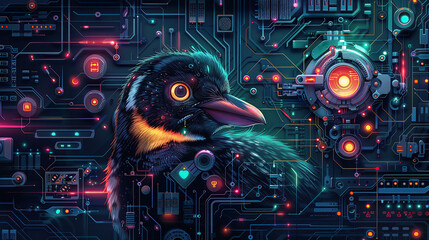 Futuristic Cybernetic Bird with AI Generative Circuitry