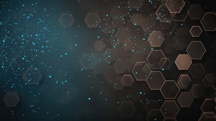 Abstract 3D hexagonal shapes with teal highlights. digital image of 3d hexagon or honeycomb shape with blue and black placed on background. Modern geometric design for wallpaper and print. AIG53F.