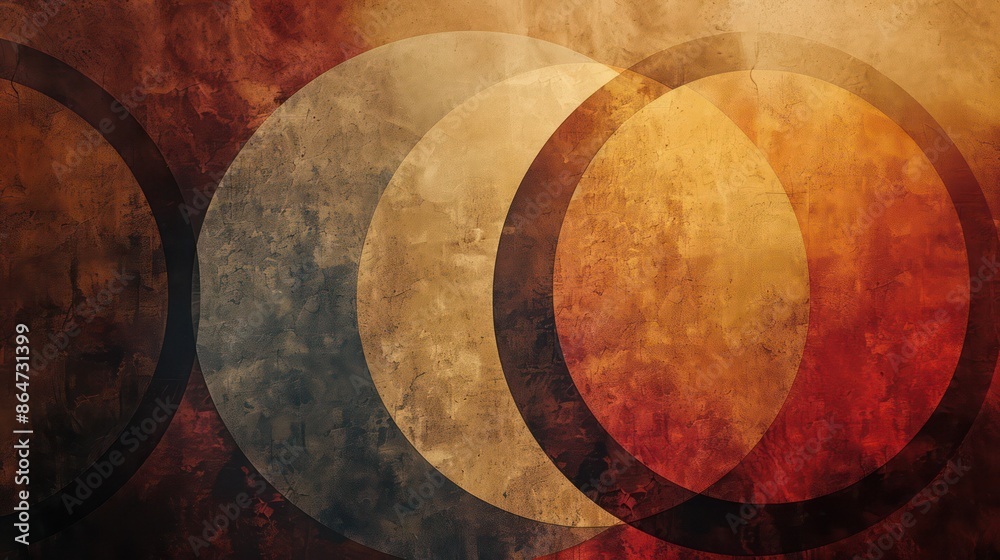 Poster a painting of three circles with a red background