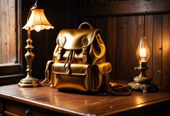 a luxurious golden backpack resting on an antique wooden desk, with a vintage lamp casting a soft glow, embodying an elegant study environment