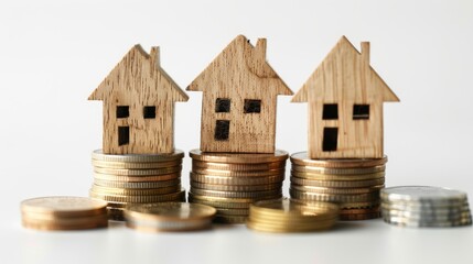 Investing in Stability: Wooden House Models on Stacks of Coins Against White Background