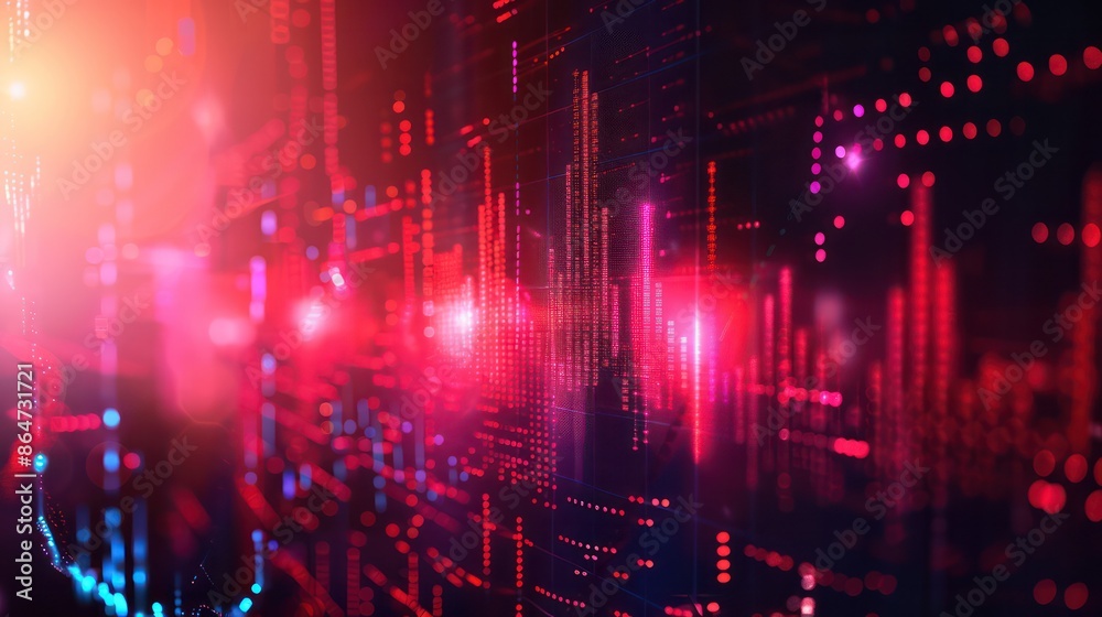 Poster a computer generated image of a cityscape with red and blue lights