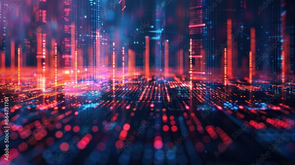 Poster a computer generated image of a cityscape with bright lights