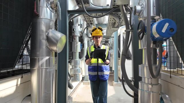 Female woman lady foreman employee labor report information document check list pipeline steel metal work job inspector manager engineer facility industry look watch development architect control talk
