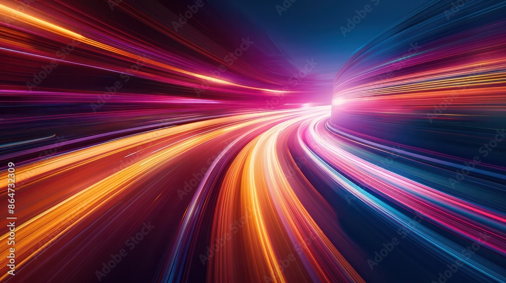 Poster a colorful, blurry image of a highway with a bright light in the middle