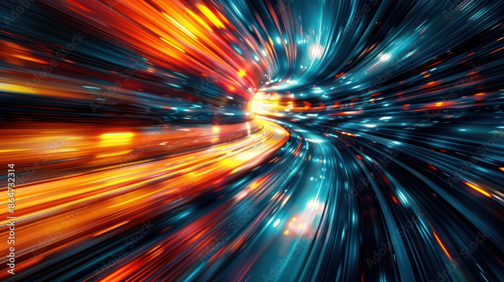 Poster A colorful, blurry image of a tunnel with lights shining through it