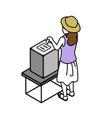 投票する帽子を被った女性　アイソメトリック　後ろ姿