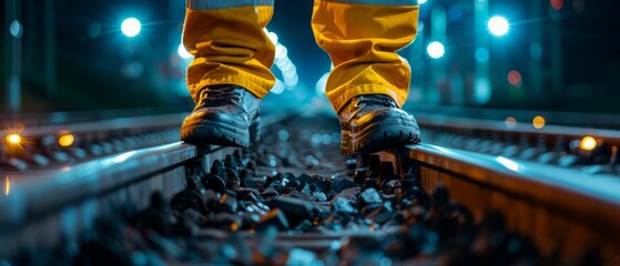 Worker standing on railway tracks at night.