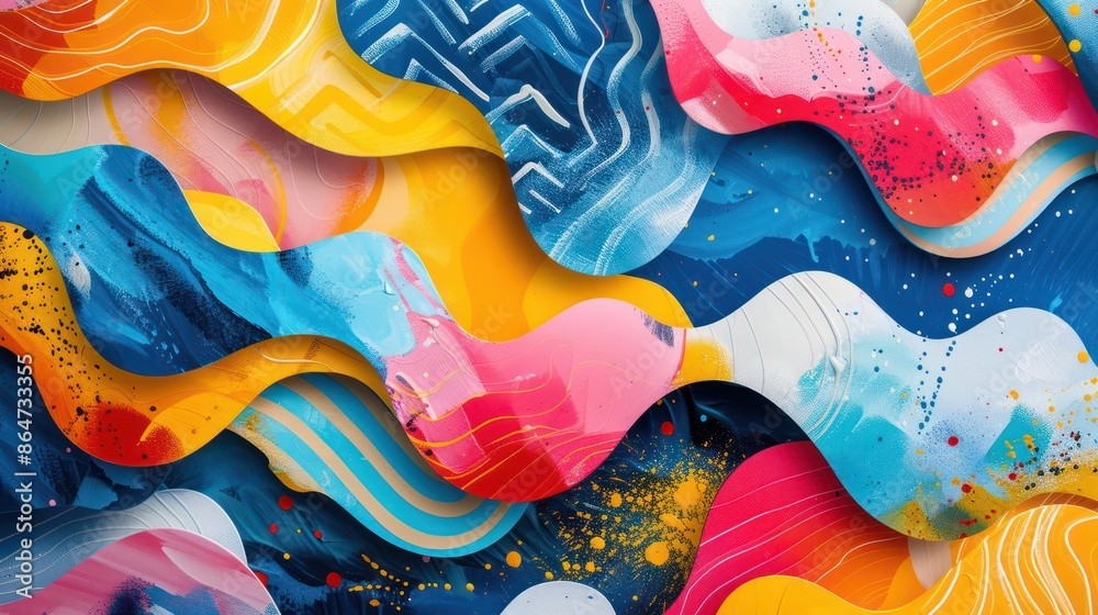 Aufkleber a colorful abstract painting with splatters of paint and a wave-like pattern