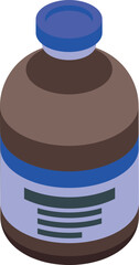 Medical glass vial with blue cap containing brown liquid isometric illustration on white background