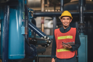 Asian engineer diligently inspects machinery in an industrial factory.Asian workers diligently...