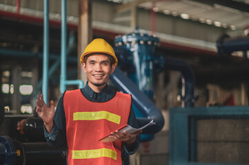 Asian engineer diligently inspects machinery in an industrial factory.Asian workers diligently inspect machinery with focused determination in industrial factories.