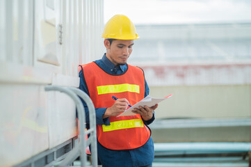 Asian engineer diligently inspects machinery in an industrial factory.Asian workers diligently...