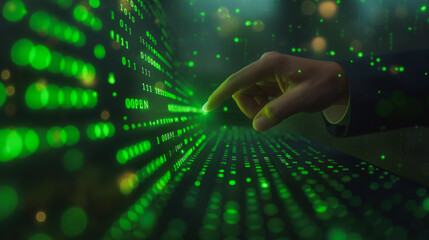 A hand is pointing at a green screen with a lot of numbers and letters. Concept of technology and complexity, as the hand is reaching out to touch the screen